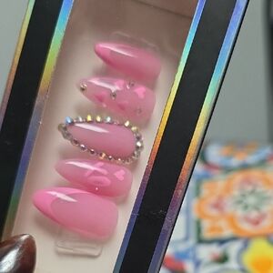 Pink Manicure Rhinestone Press On Nails Med Length